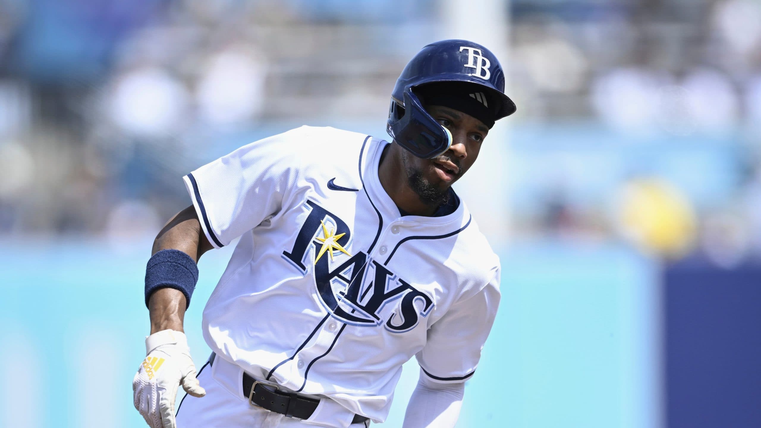 Tampa Bay Rays' Chandler Simpson runs during the sixth inning of a baseball game against the New York Yankees, Sunday, April 20, 2025