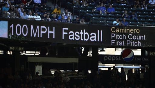 FILE - The 100 mph speed of Seattle Mariners' Arquimedes Caminero's fastball is shown on a scoreboard during a baseball game against the New York Yankees, Aug. 24, 2016, in Seattle. (AP Photo/Elaine Thompson, File) (AP Photo/Elaine Thompson)