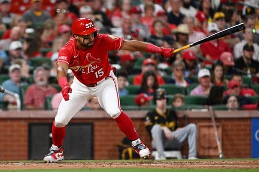 St. Louis Cardinals' José Fermín (15) hits a single in the fourth inning against the Pittsburgh Pirates on Friday, Aug. 28, 2026, in St. Louis. (AP Photo/Michael Thomas) (AP Photo/Michael Thomas)