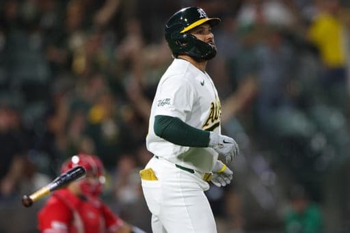 Athletics' Carlos Cortes watches his go ahead two-run home run during the eighth inning of a baseball game against the Los Angeles Angels Tuesday, Sept. 22, 2026, in West Sacramento, Calif. (AP Photo/Scott Marshall) (AP Photo/Scott Marshall)
