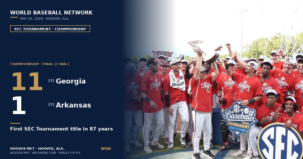 Georgia Wins First-Ever SEC Baseball Tournament Championship — Bulldogs and Razorbacks Both Likely NCAA Regional Hosts, Selection Show Monday at Noon