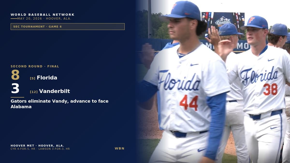 Florida 8, Vanderbilt 3: Blake Cyr’s Four-Hit Day Lifts Gators Into SEC Tournament Showdown with Alabama