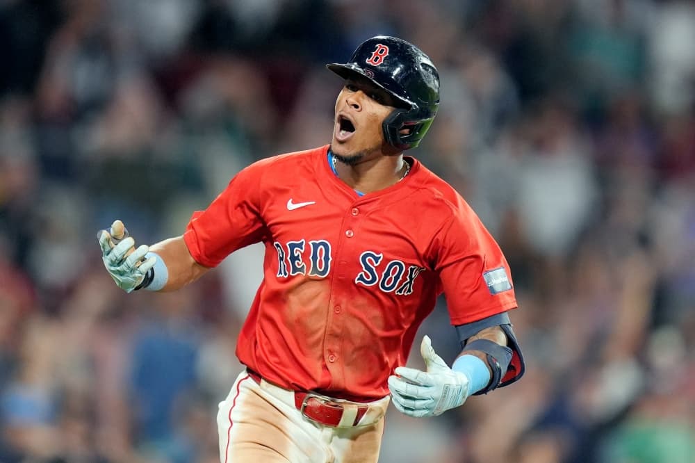 Boston’s Ceddanne Rafaela tagged out for double play while talking to third base coach Kyle Hudson