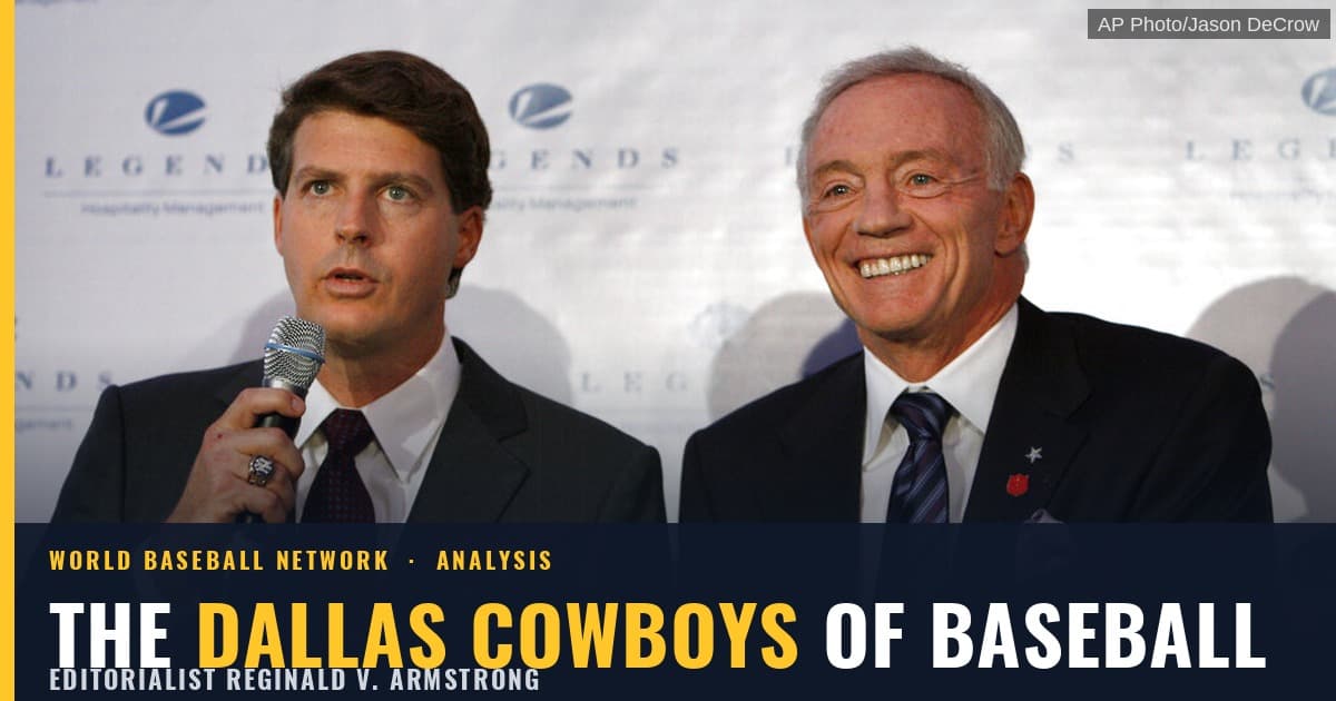 Hal Steinbrenner and Jerry Jones at a 2008 news conference, under the headline “The Dallas Cowboys of Baseball”