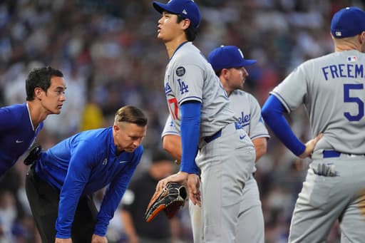 Dodgers’ Ohtani roughed up by Rockies, leaves game after getting hit on right thigh by line drive