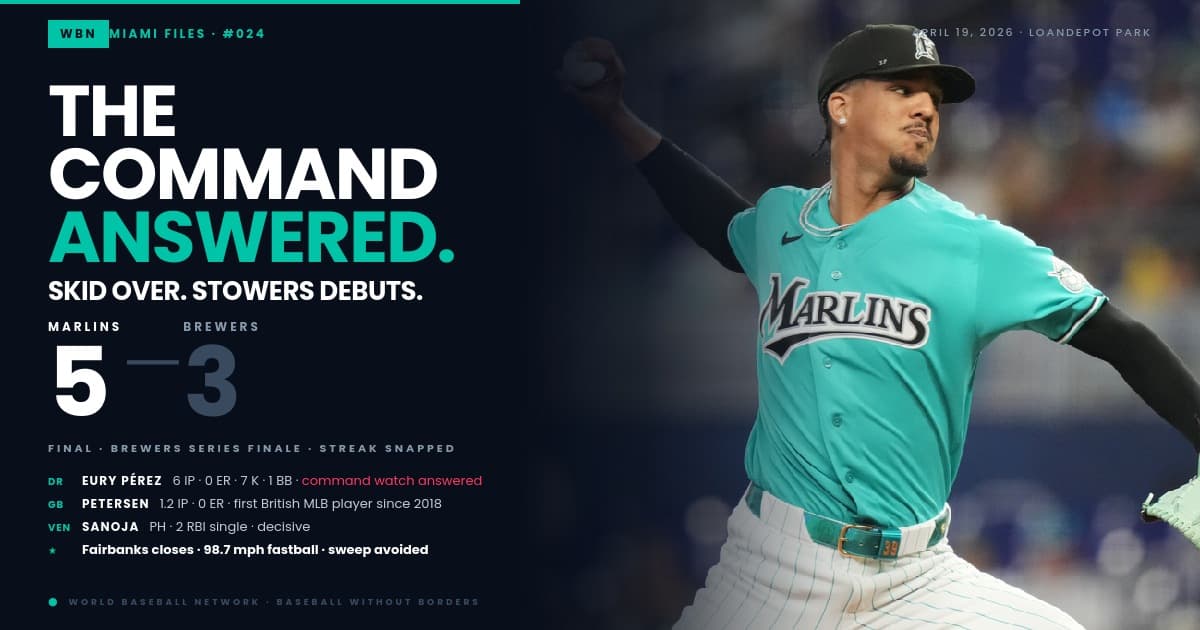 Miami Marlins pitcher Eury Pérez delivers in the first inning against the Milwaukee Brewers at loanDepot park, April 19, 2026