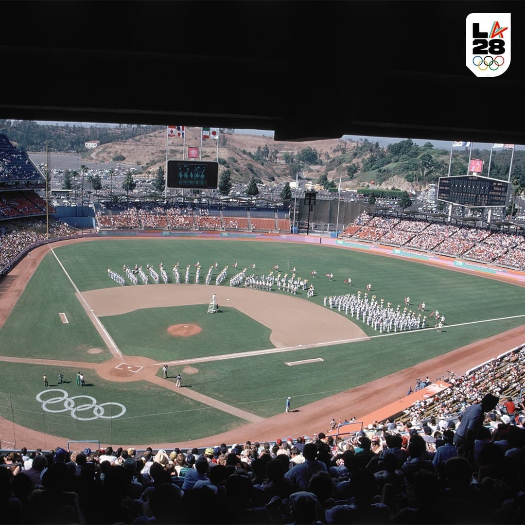 Dodger Stadium during the 1984 Olympics with the Olympic logo painted on the field