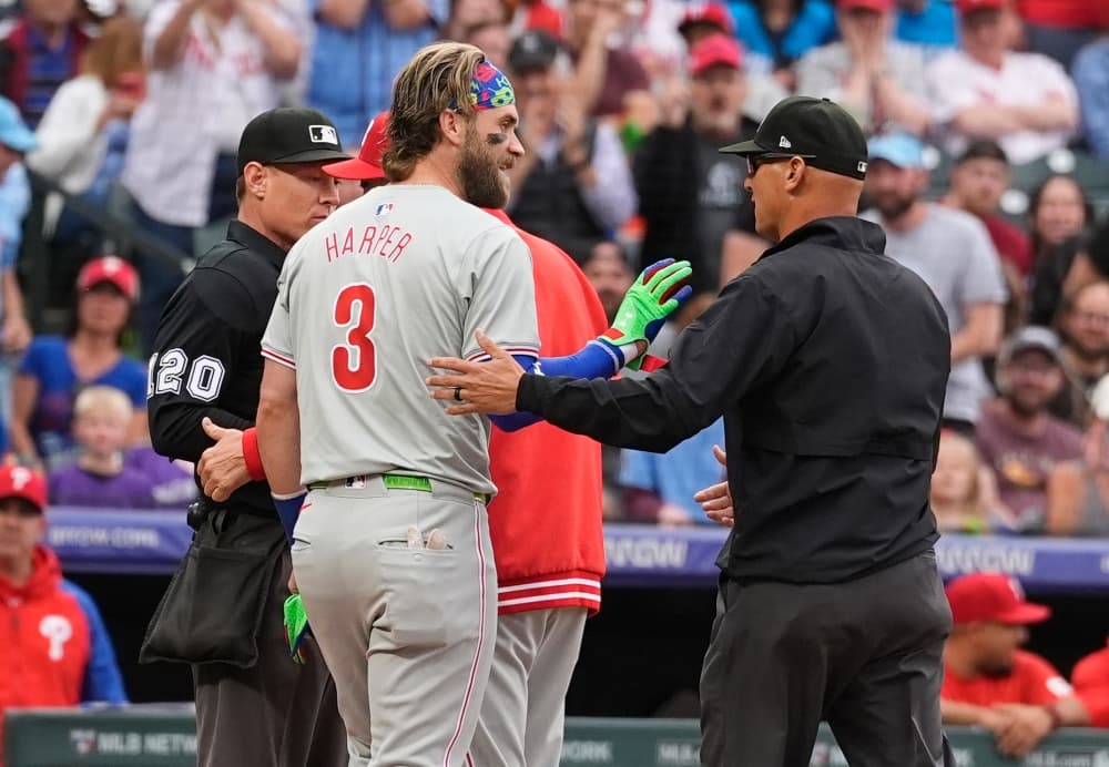 Phillies’ Bryce Harper ejected after striking out in first inning on 3-2, 11-inning loss at Rockies