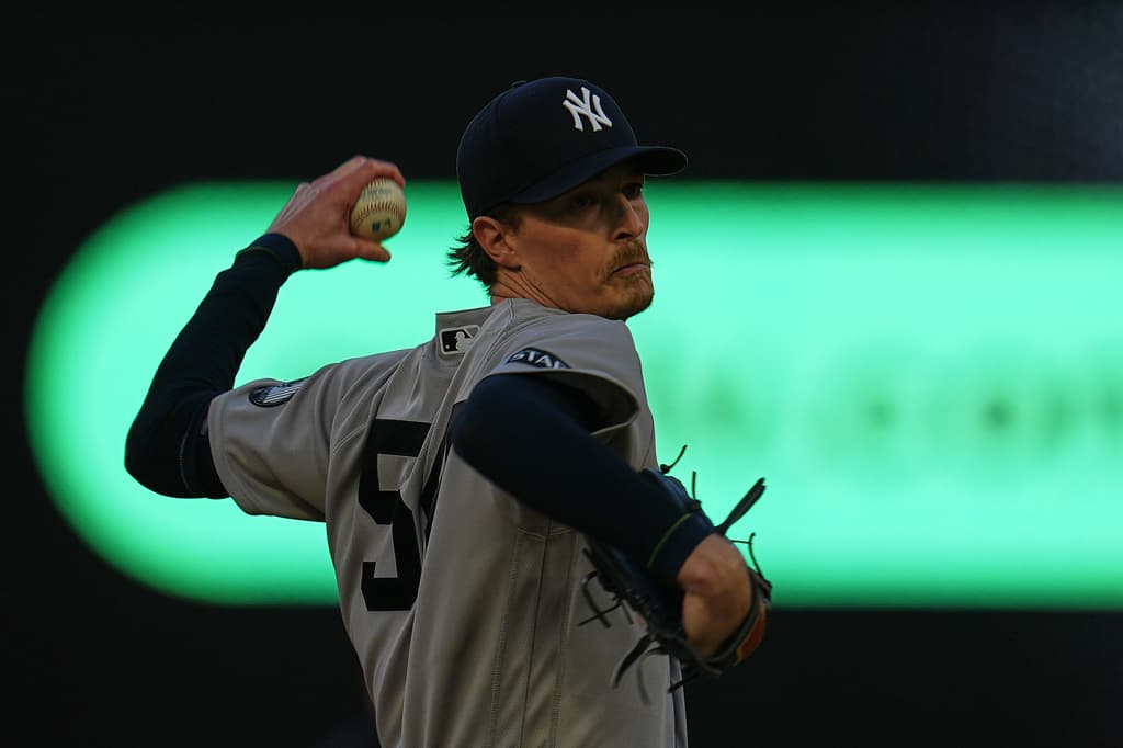 New York Yankees starting pitcher Max Fried delivers during the first inning of a baseball game