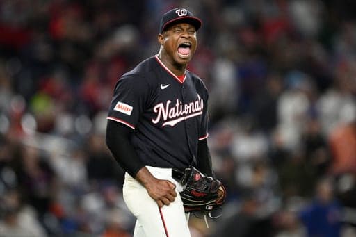 Washington Nationals relief pitcher Josiah Gray reacts at the end of a baseball game against the New York Mets, Friday, Sept. 25, 2026, in Washington. (AP Photo/Nick Wass) (AP Photo/Nick Wass)