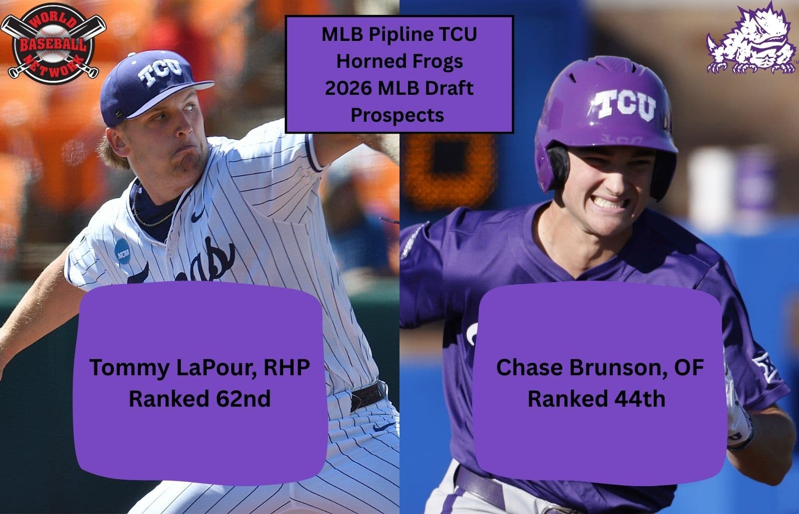 TCU’s Chase Brunson and Tommy LaPour are Top 75 MLB Prospects Heading into 2026