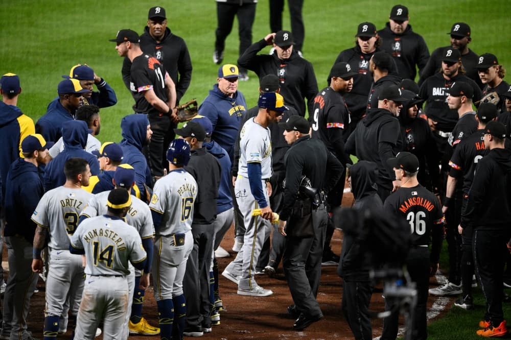 Benches and bullpens clear with Milwaukee up big in the sixth inning at Baltimore