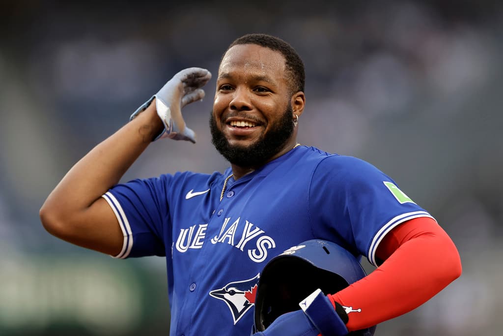 Title: Blue Jays Yankees Baseball Image ID: 25249795476662 Article: Toronto Blue Jays' Vladimir Guerrero Jr. reacts during the seventh inning of a baseball game against the New York Yankees, Saturday, Sept. 6, 2025, in New York. (AP Photo/Adam Hunger)