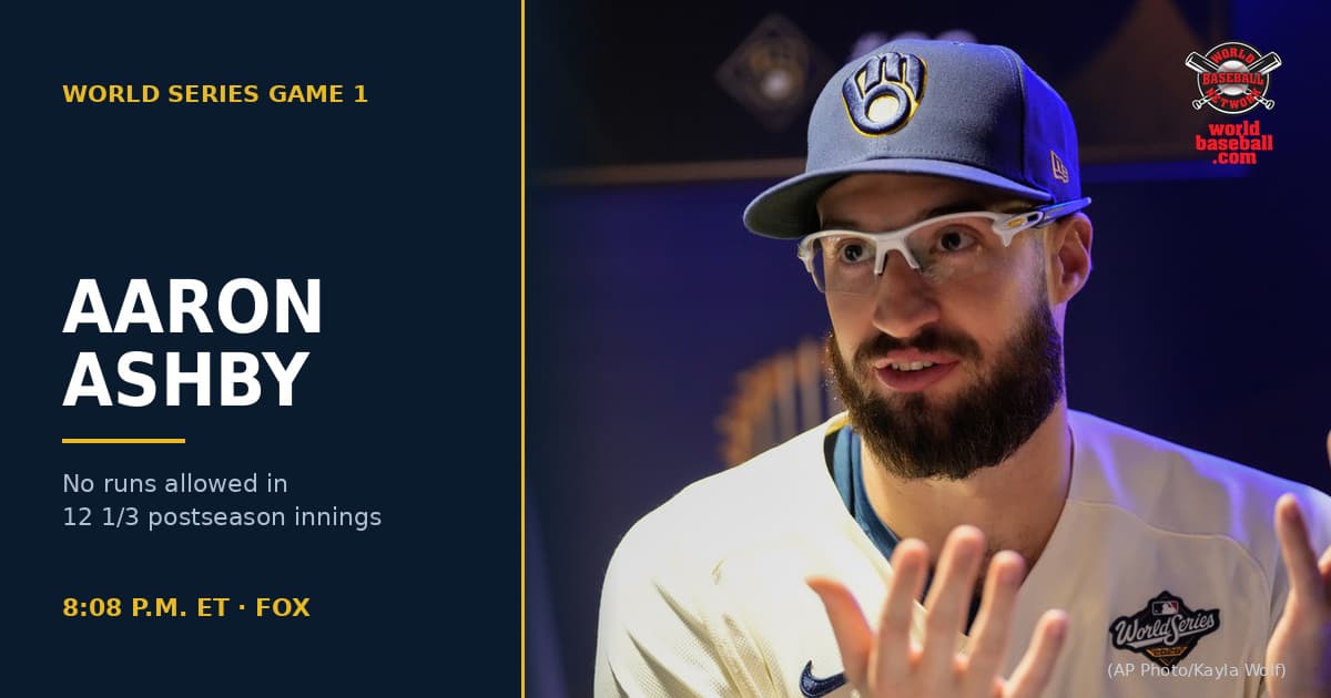Milwaukee Brewers pitcher Aaron Ashby, in a Brewers cap and protective glasses, gestures with both hands while speaking to reporters at World Series media day in Milwaukee on Oct. 22, 2026.