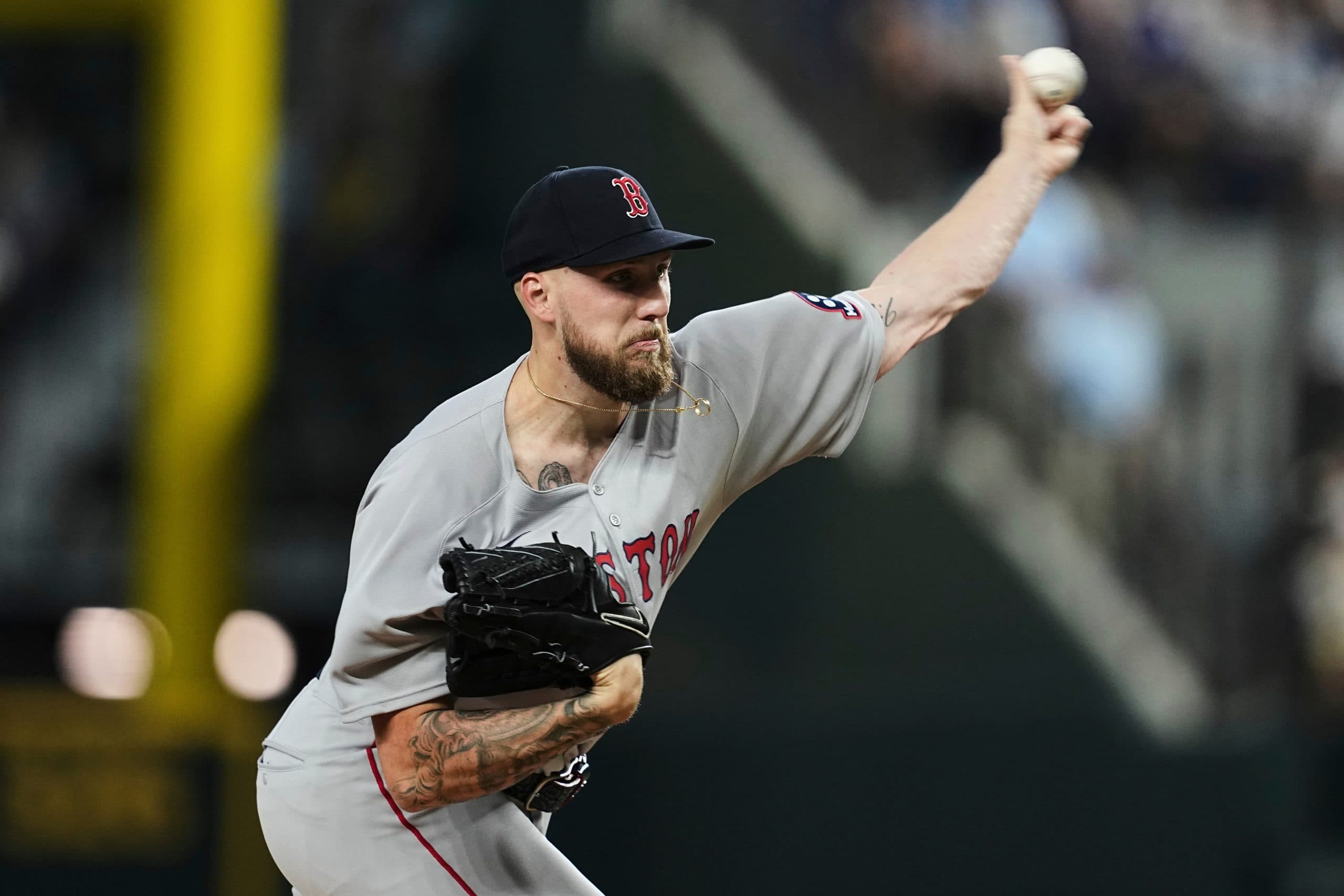 Boston Red Sox pitcher Garrett Crochet throws during his 2025 season debut against the Texas Rangers on Opening Day