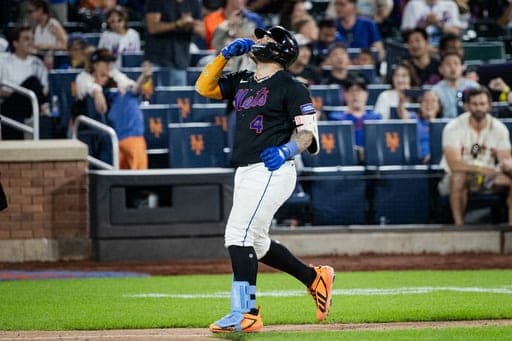 New York Mets' Francisco Alvarez runs to score on his solo home run during the eighth inning of a baseball game against the San Francisco Giants, Friday, Sept. 4, 2026, in New York. (AP Photo/Angelina Katsanis) (AP Photo/Angelina Katsanis)