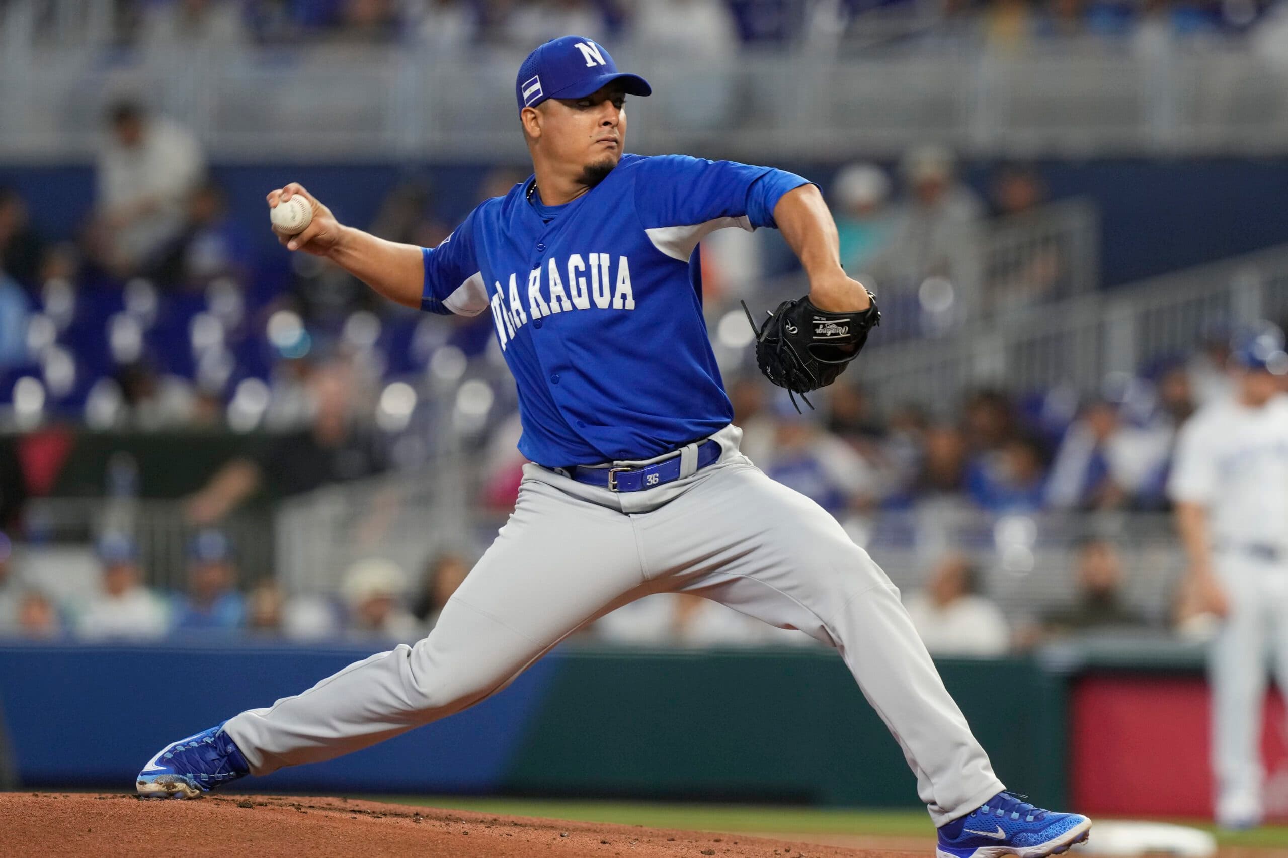 Nicaragua starting pitcher Ronald Medrano (36) aims a pitch during the first inning of a World Baseball Classic game against Israel, Sunday, March 12, 2023, in Miami. (AP Photo/Marta Lavandier)