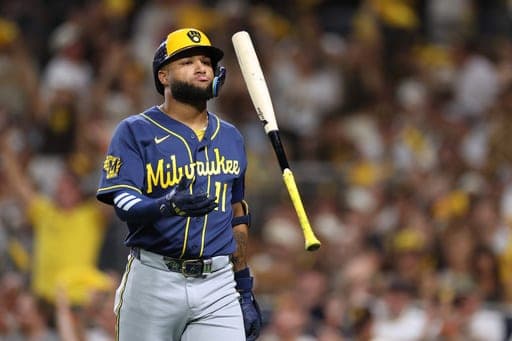 Milwaukee Brewers' Jackson Chourio reacts after striking out during the seventh inning in Game 3 of baseball's National League Division Series against the San Diego Padres Tuesday, Oct. 6, 2026, in San Diego. (AP Photo/Derrick Tuskan) (AP Photo/Derrick Tuskan)