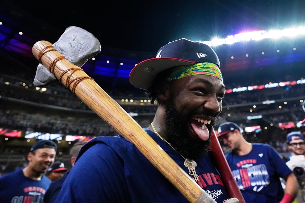 Atlanta Braves' Michael Harris II celebrates after Game 3 of baseball's NL Wild Card Series against the Philadelphia Phillies