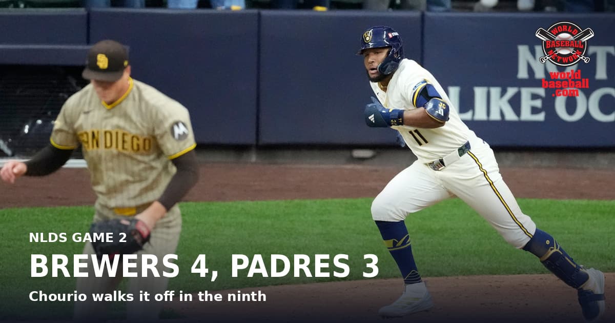 Brewers outfielder Jackson Chourio hits a walk-off single off Mason Miller in the ninth inning of Game 2 of the National League Division Series.
