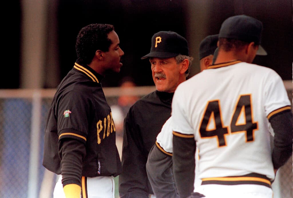 Pirates outfielder Barry Bonds, left, shrugs as manager Jim Leyland angrily tells him if he is not happy he should get out of camp during a confrontation in Bradenton, Fla., March 4, 1991. (AP Photo/Rusty Kennedy)