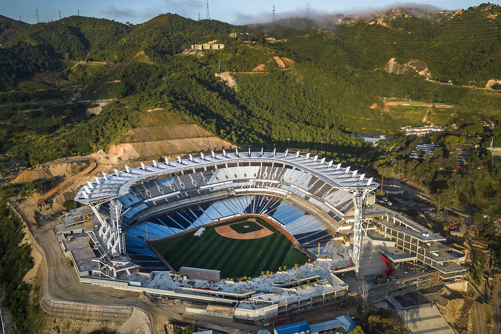Title: Venezuela Baseball Caribbean SeriesImage ID: 23007807817690
Article:  An aerial view of the La Rinconada baseball stadium in Caracas, Venezuela, Saturday, Jan. 7, 2023. The 65th edition of the Caribbean Series begins on Feb. 2, 2023 in Venezuela. Games will take place in Caracas at the La Rinconada and in La Guaira. (AP Photo/Matias Delacroix)
