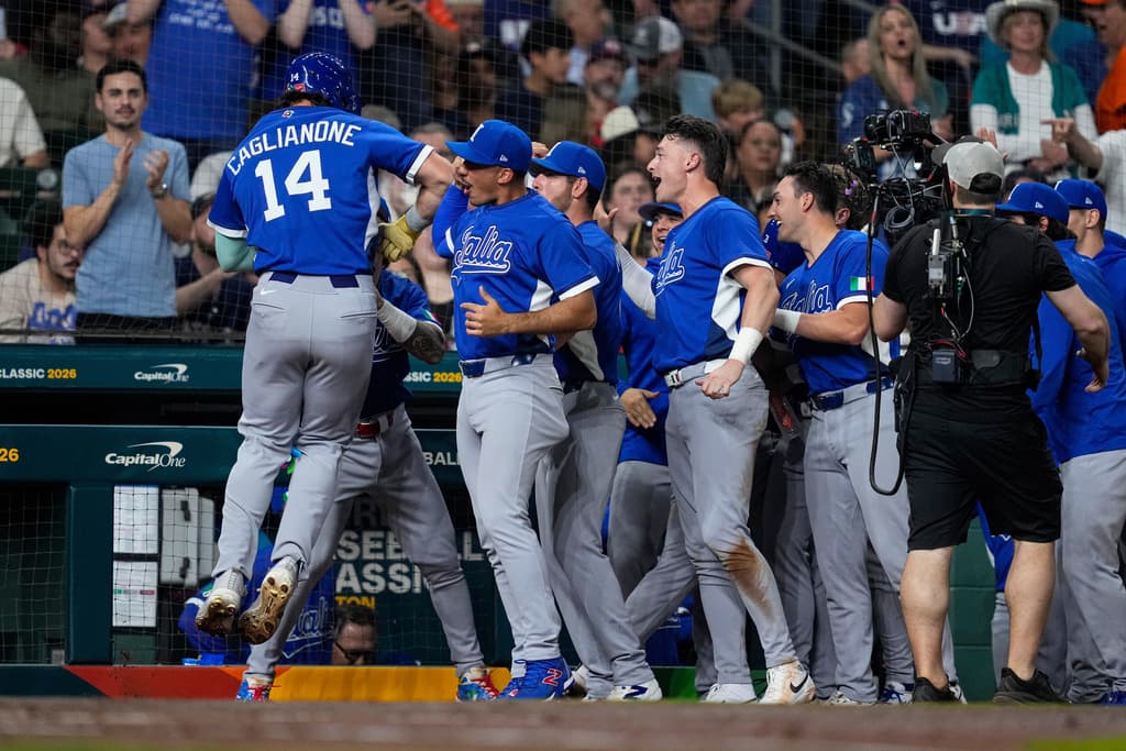 Italy’s Jac Caglianone celebrates his fourth-inning home run against the United States during a World Baseball Classic game at Daikin Park in Houston. (AP Photo/Ashley Landis)