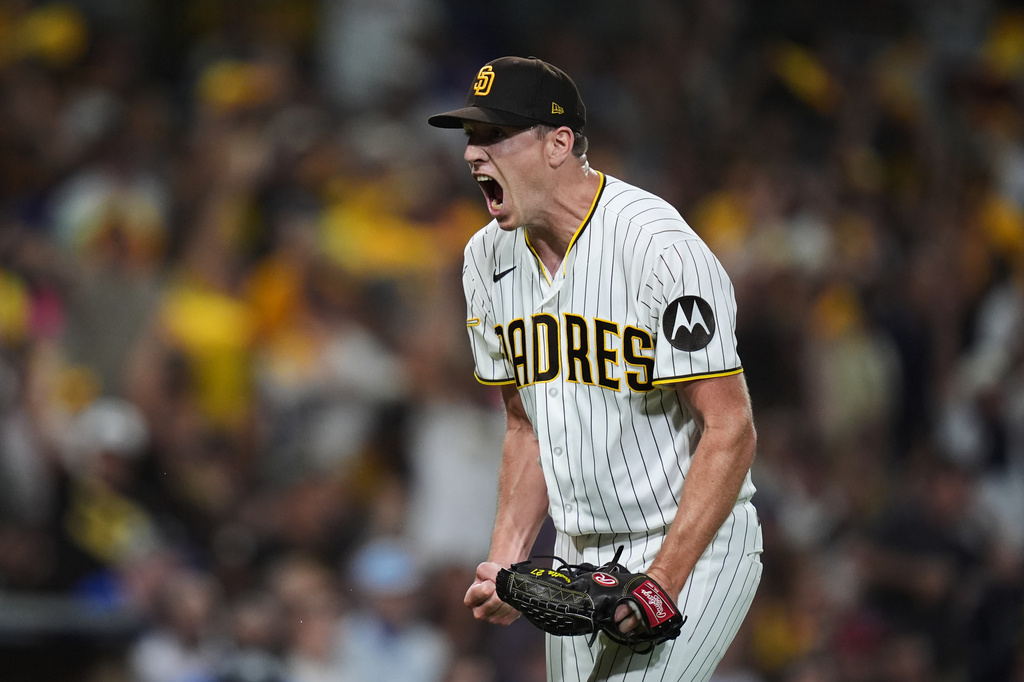 Padres right-hander Nick Pivetta reacts after ending an inning in the Wild Card Series.