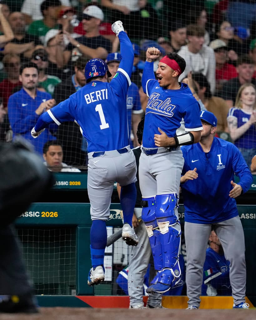 Title: APTOPIX WBC Italy Mexico BaseballImage ID: 26071003066475 Article: Italy third baseman Jon Berti (1) celebrates his home run with catcher J.J. D'Orazio in the fourth inning of a World Baseball Classic game against Mexico, Wednesday, March 11, 2026, in Houston. (AP Photo/Ashley Landis) 