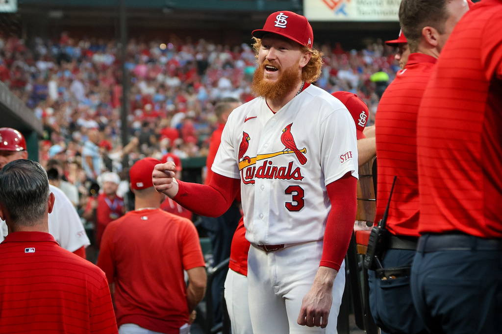 Dustin May in the Cardinals dugout against the Cubs