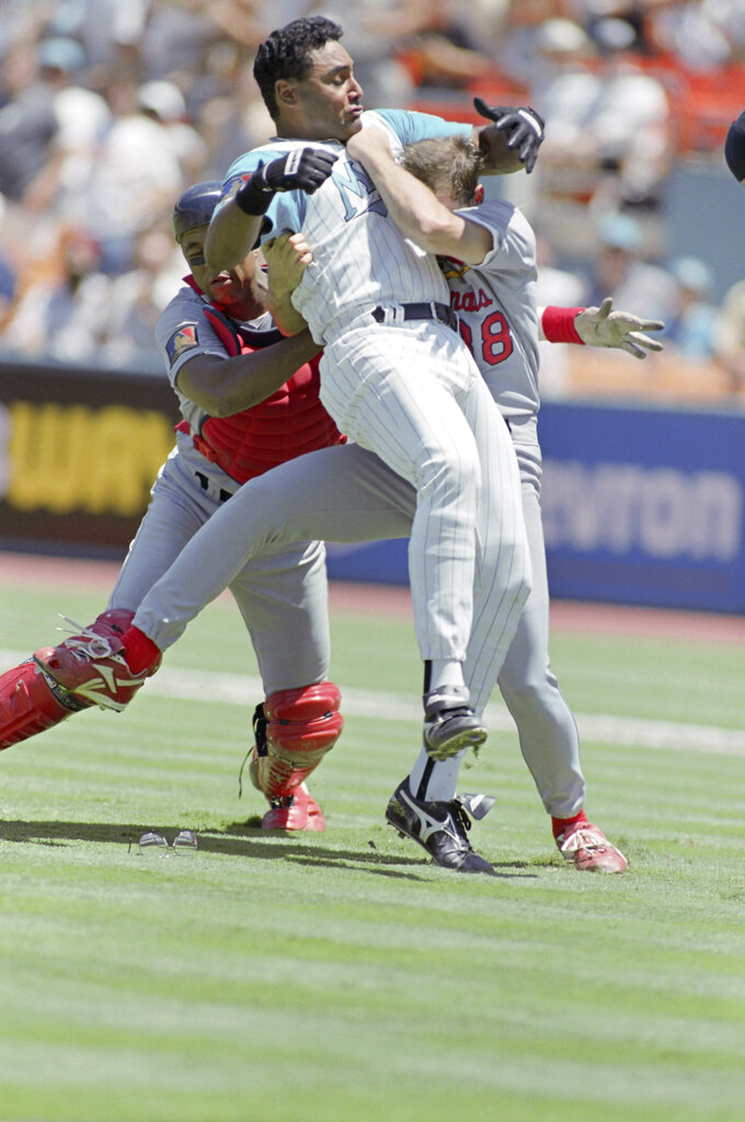 Orestes Destrade charges Allen Watson on the mound, benches clearing, May 22, 1994.