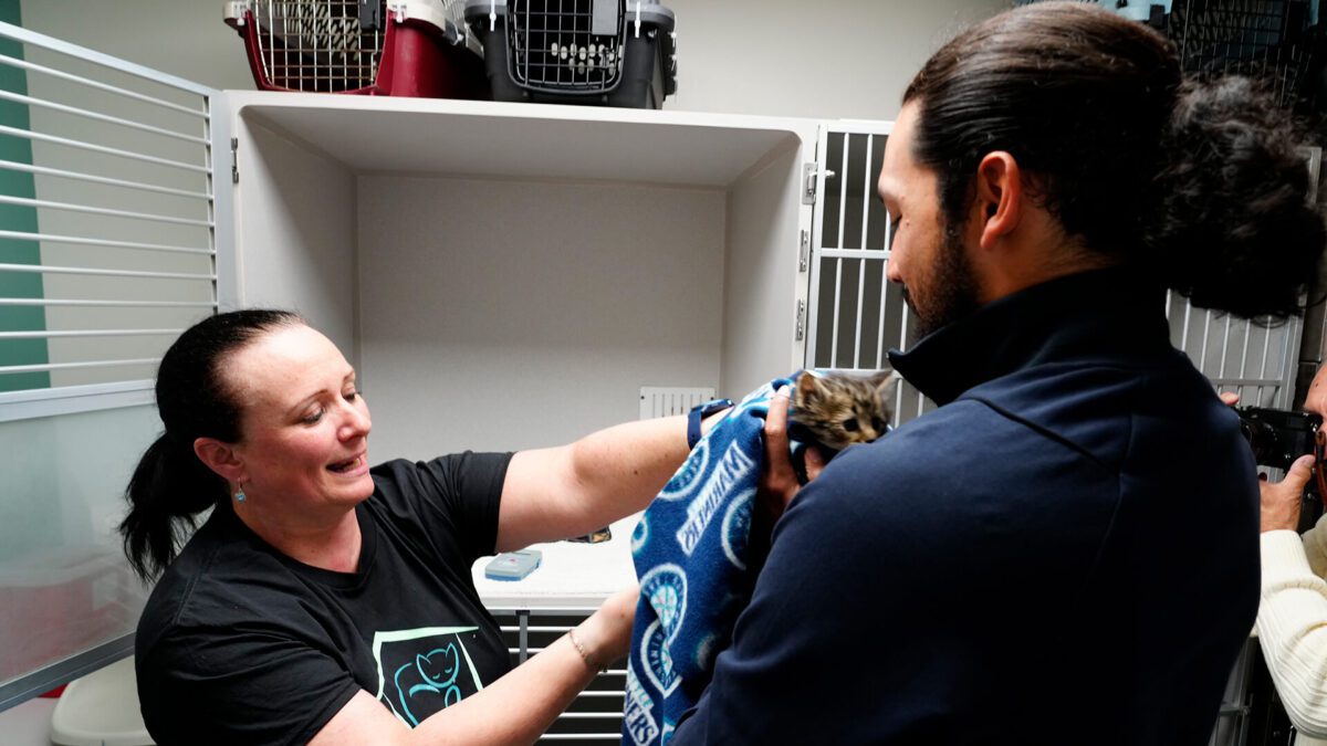 eattle Mariners pitcher Andrés Muñoz smiles while holding a black-and-white kitten with the text “Andrés MEWñoz.”