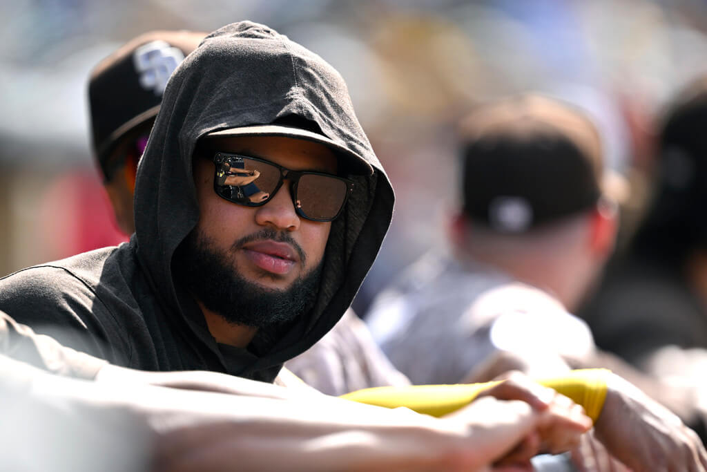 San Diego Padres' Randy Vasquez looks on during the seventh inning of a baseball game against the Colorado Rockies Sunday, Sept. 14, 2025, in San Diego. (AP Photo/Orlando Ramirez)