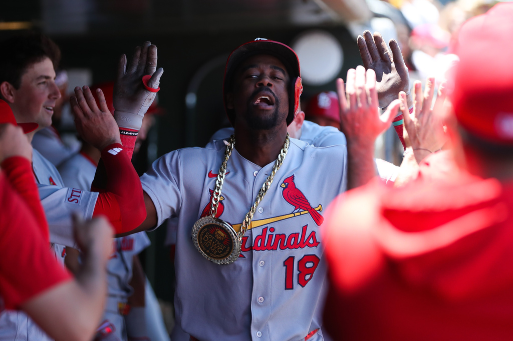 Jordan Walker celebrates a home run against the Athletics