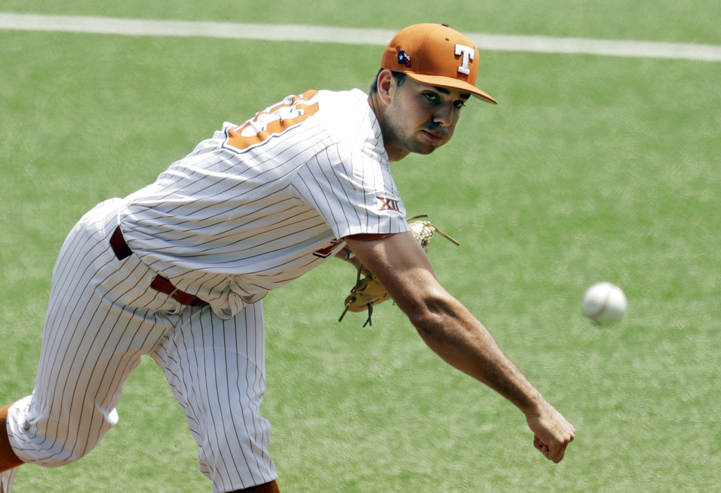  Texas pitcher Matteo Bocchi delivers a pitch against Tennessee Tech in the first inning of an NCAA college super regional