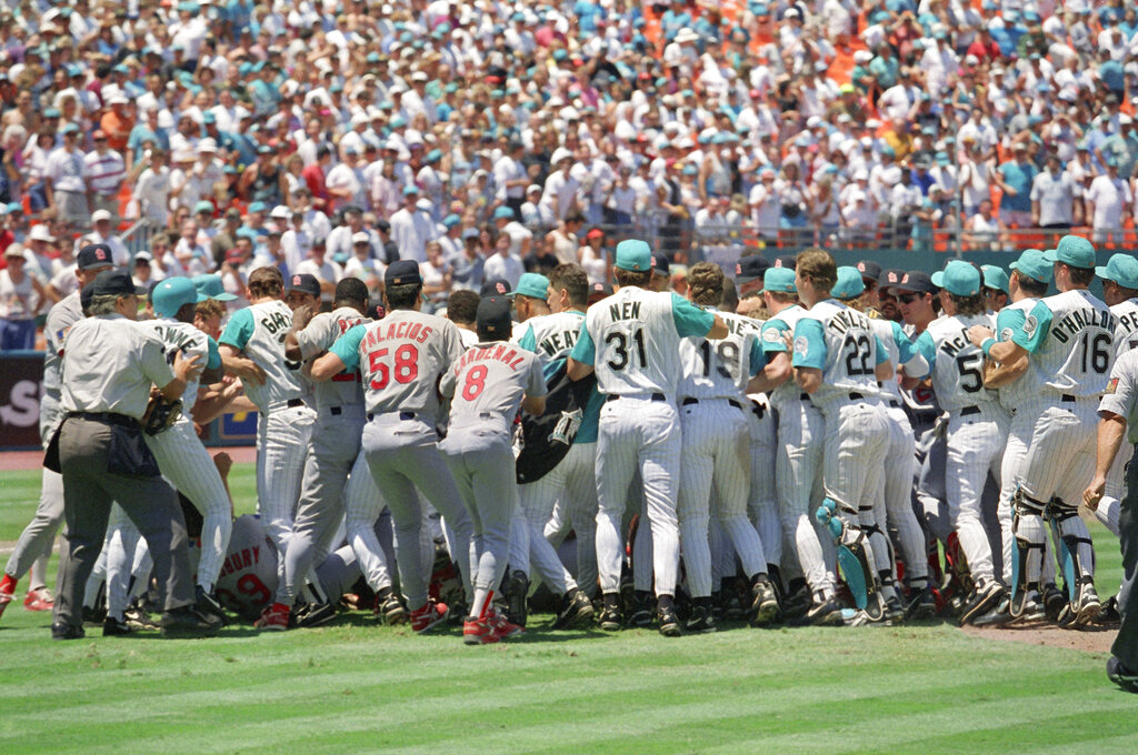 Marlins and Cardinals players clear the benches during a 1994 brawl in Miami.