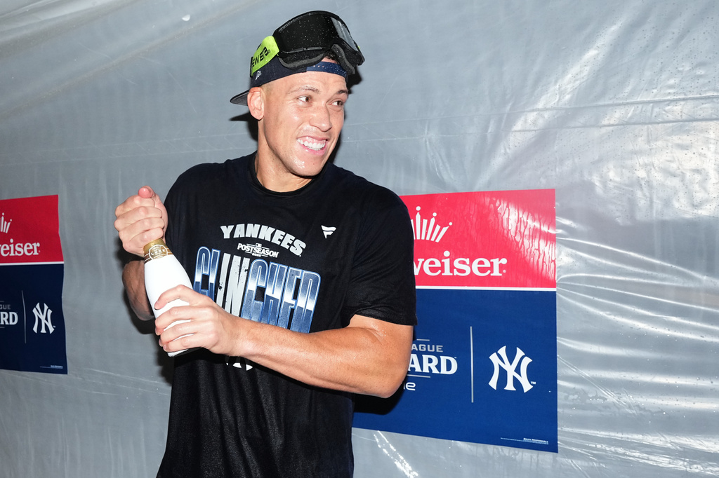 Yankees outfielder Aaron Judge celebrates after New York swept the American League Wild Card Series.
