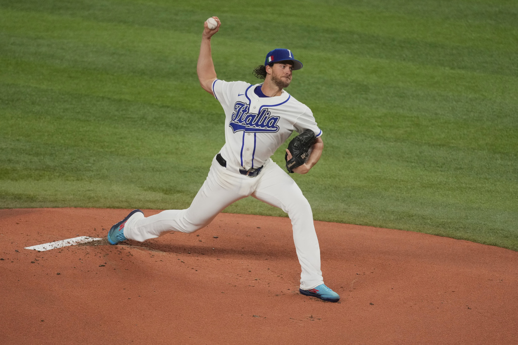 Aaron Nola pitches for Italy in a World Baseball Classic semifinal against Venezuela.