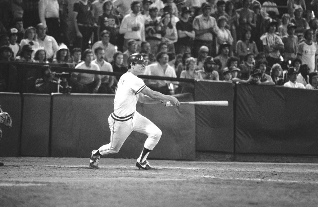 Title: Braves Murphy 1982 Image ID: 820909076 Article: Atlanta Braves Dale Murphy (3) hits the winning home run in the bottom of the 10th inning with the bases loaded during Atlanta-Los Angeles action, Sept. 9, 1982, to give the Braves a 12-11 victory. (AP Photo/Roger Grigg)