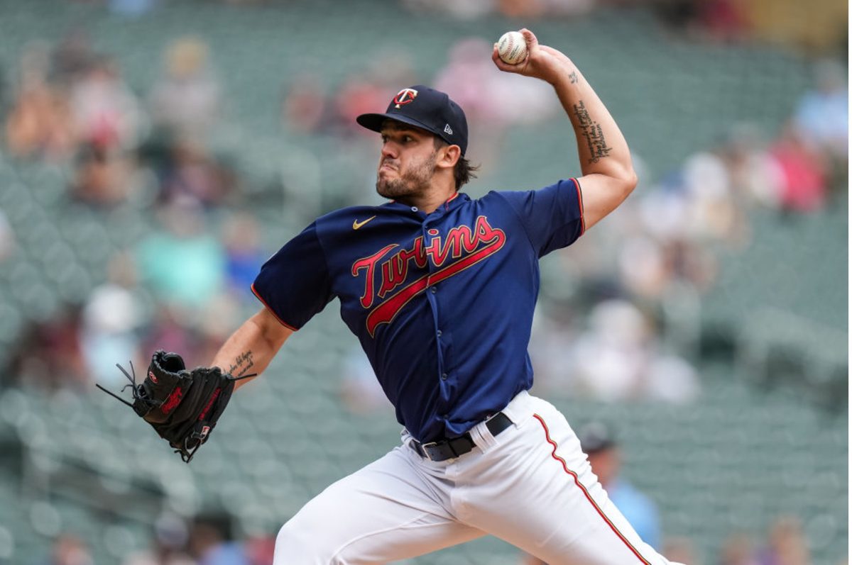 Lewis Thorpe of the Minnesota Twins pitches against the Cleveland Indians on August 18, 2021 at Target Field in Minneapolis, Minnesota. (Photo by Brace Hemmelgarn/Minnesota Twins/Getty Images)