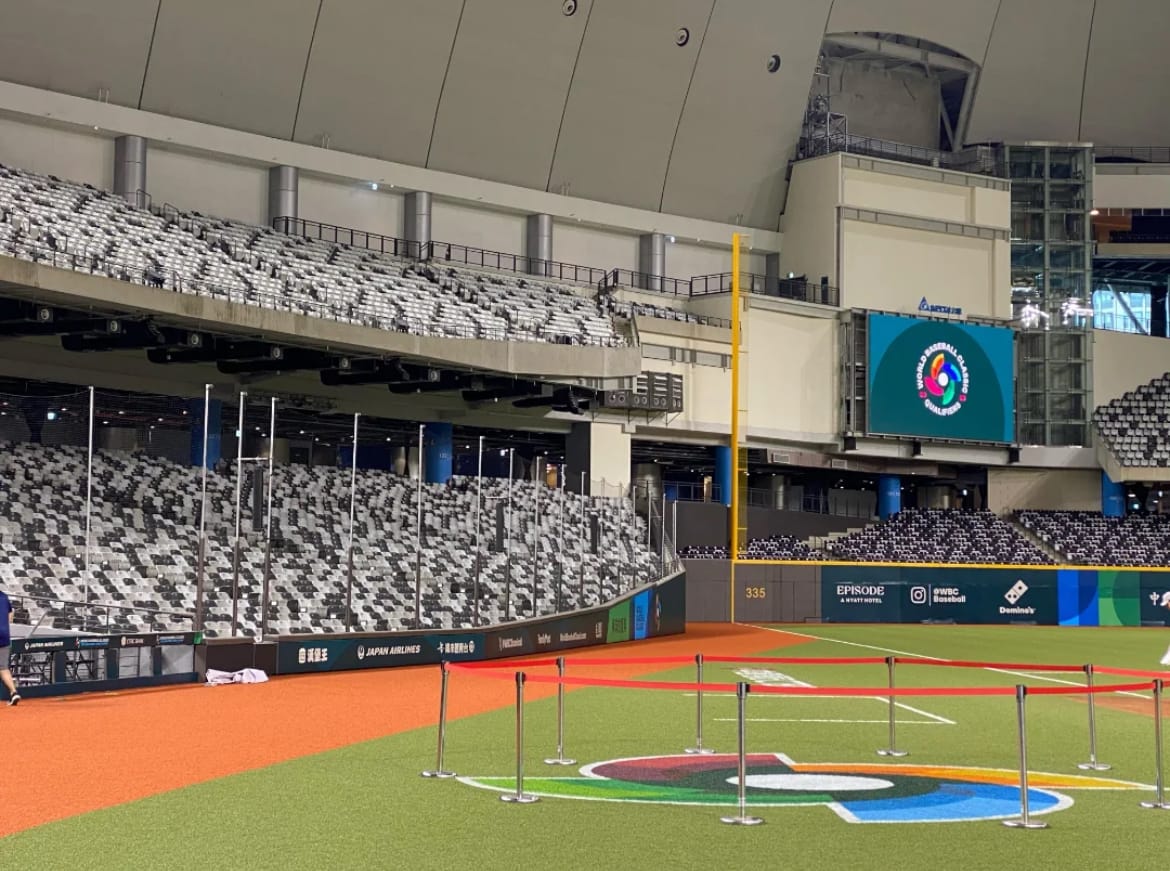 Inside Taipei Dome, with Nicaragua’s team practicing ahead of the 2025 World Baseball Classic Qualifiers. The WBCQ logo is displayed on the outfield screen.