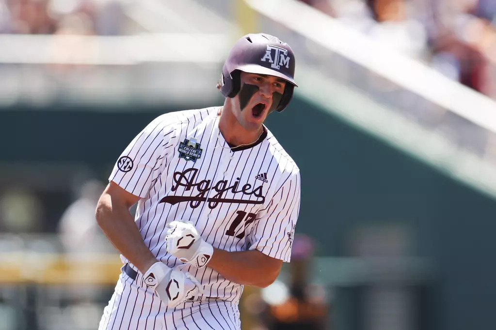 Texas A&M's Jace LaViolette in action during the 2024 College World Series. (Photo: Texas A&M Athletics)"