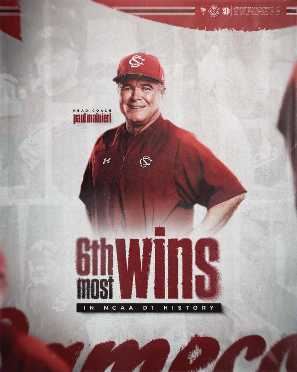 "Paul Mainieri, South Carolina Gamecocks head baseball coach, becomes sixth on the all-time NCAA Division I wins list with 1,509 career victories. Image courtesy of Gamecock Baseball.