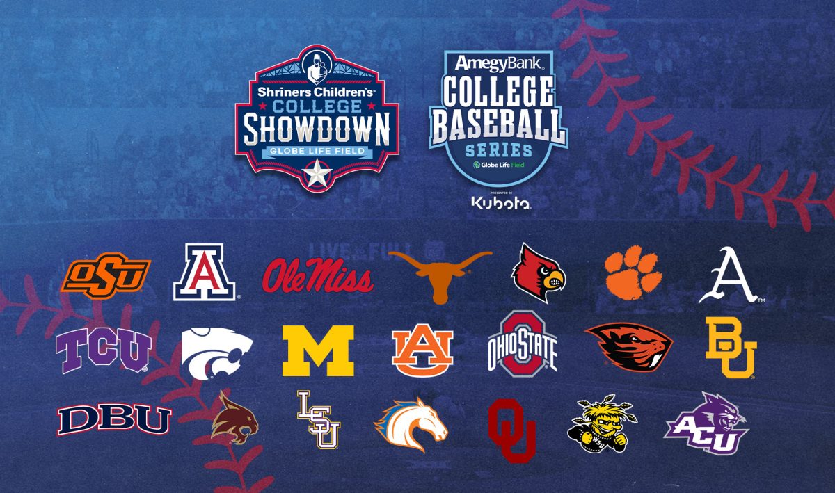 Promotional graphic for the Shriners Children's College Showdown and AmegyBank College Baseball Series at Globe Life Field, featuring participating team logos. (Photo: Globe Life Field)