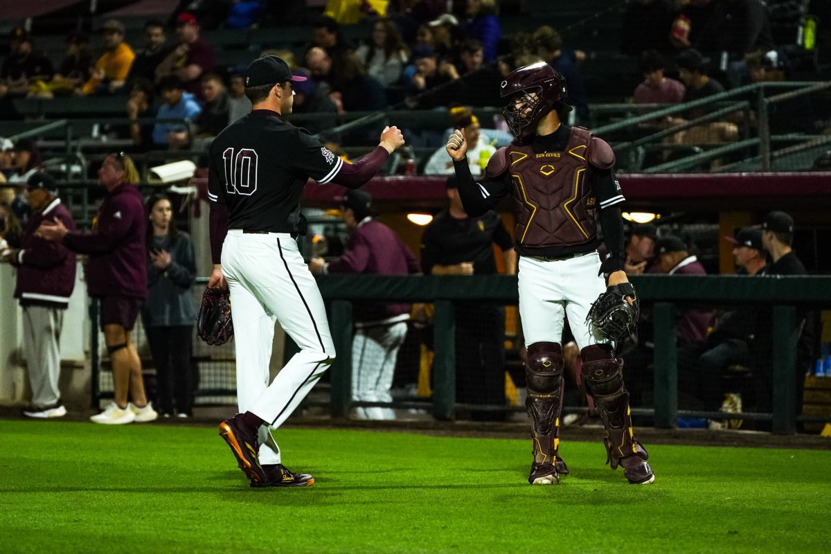 Arizona State pitcher Jack Martinez fist-pumps catcher Josiah Cromwick after throwing seven innings of one-hit baseball with 10 strikeouts in ASU's 3-1 win over Gonzaga on March 8, 2025.