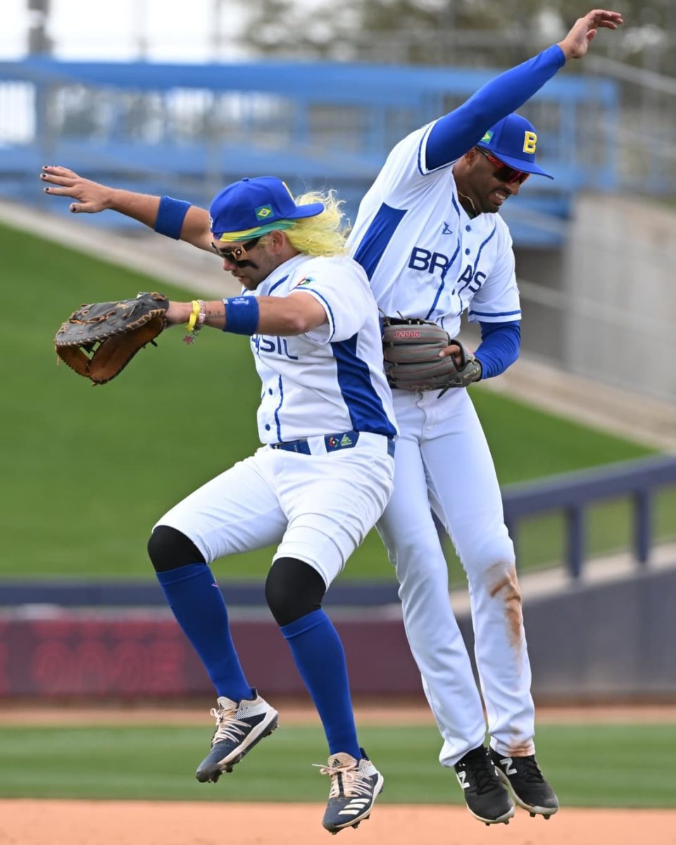 Brazil celebrates a 12-2 mercy rule victory over China in seven innings at the WBC qualifiers in Tucson.