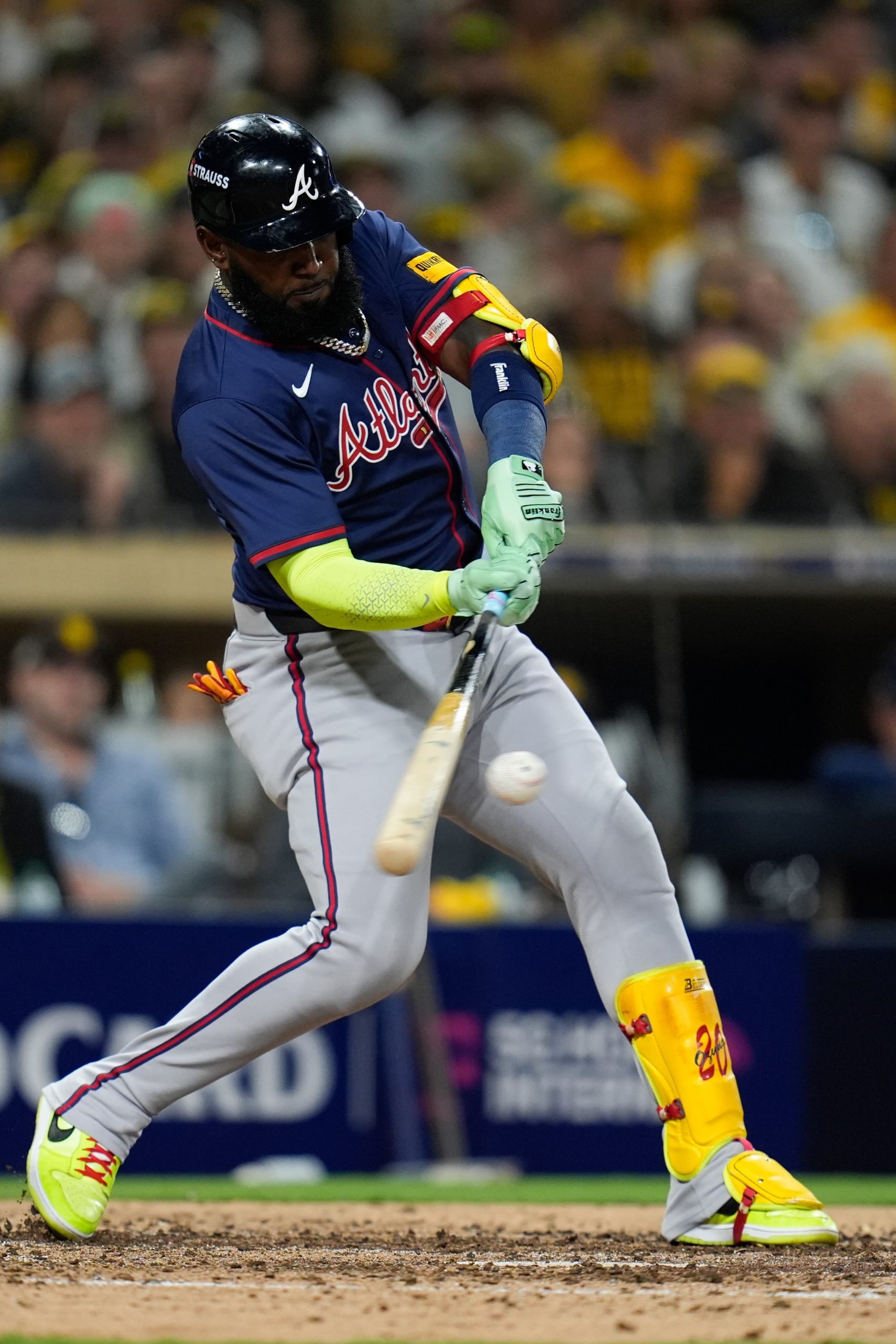 Atlanta Braves star Marcell Ozuna bats during an NL Wild Card Series game against the San Diego Padres on Oct. 2, 2024.