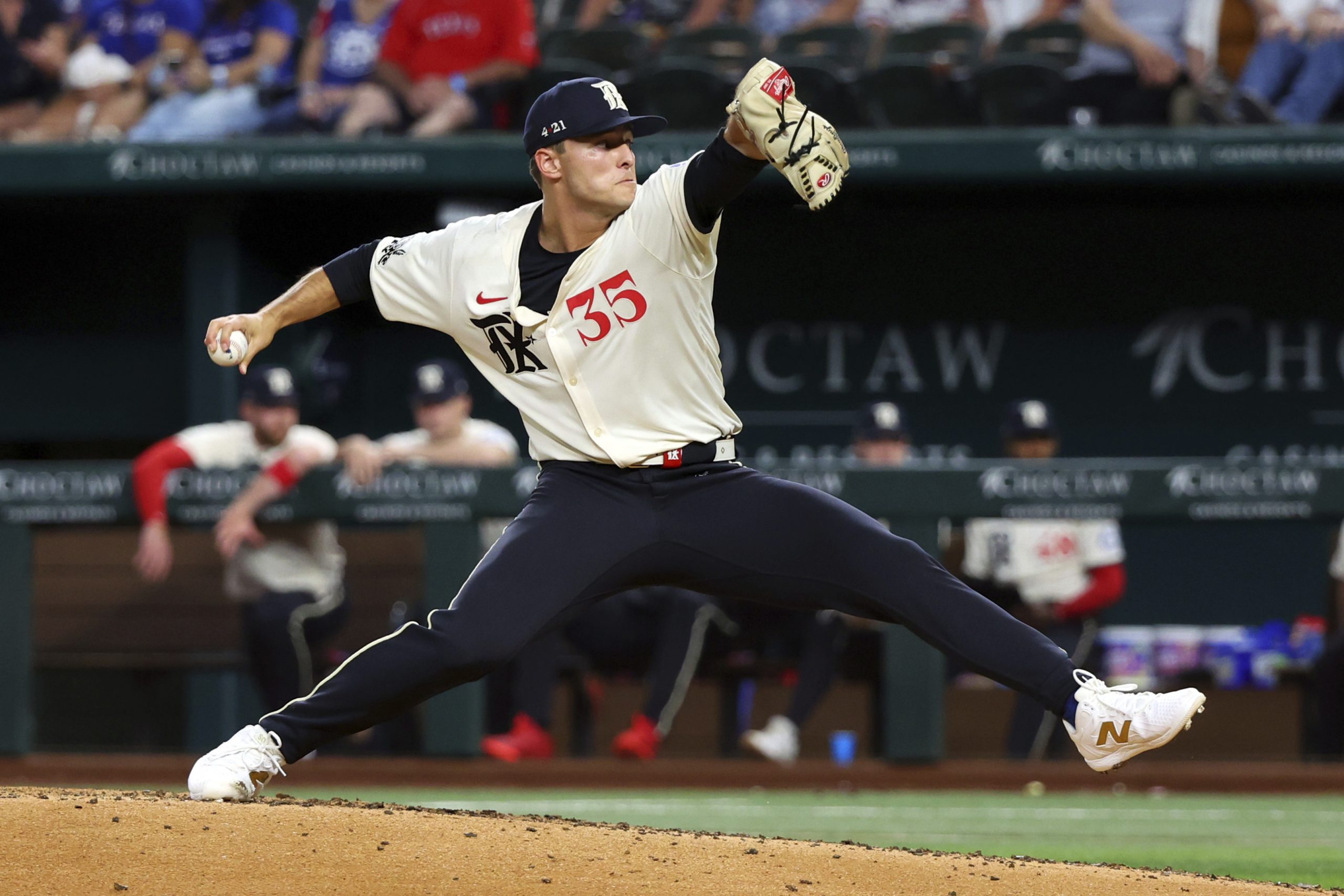 Jack Leiter pitches for the Texas Rangers during a 2024 game as he and fellow prospect Kumar Rocker join Cam Smith on 2025 MLB Opening Day rosters.