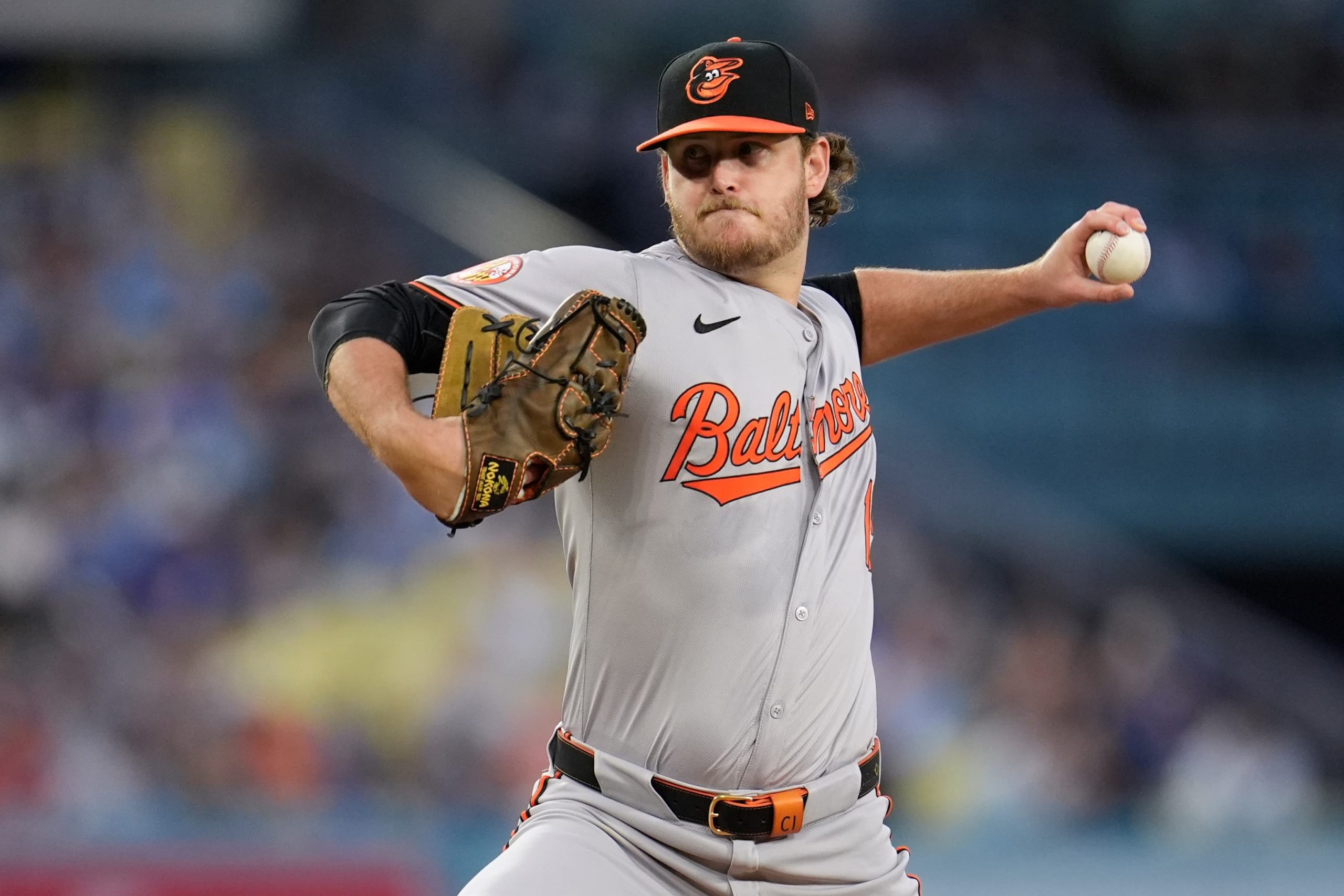 Cole Irvin, one of 10 foreign pitchers starting KBO Opening Day, pitches during Orioles vs. Dodgers on Aug. 27, 2024, in Los Angeles.