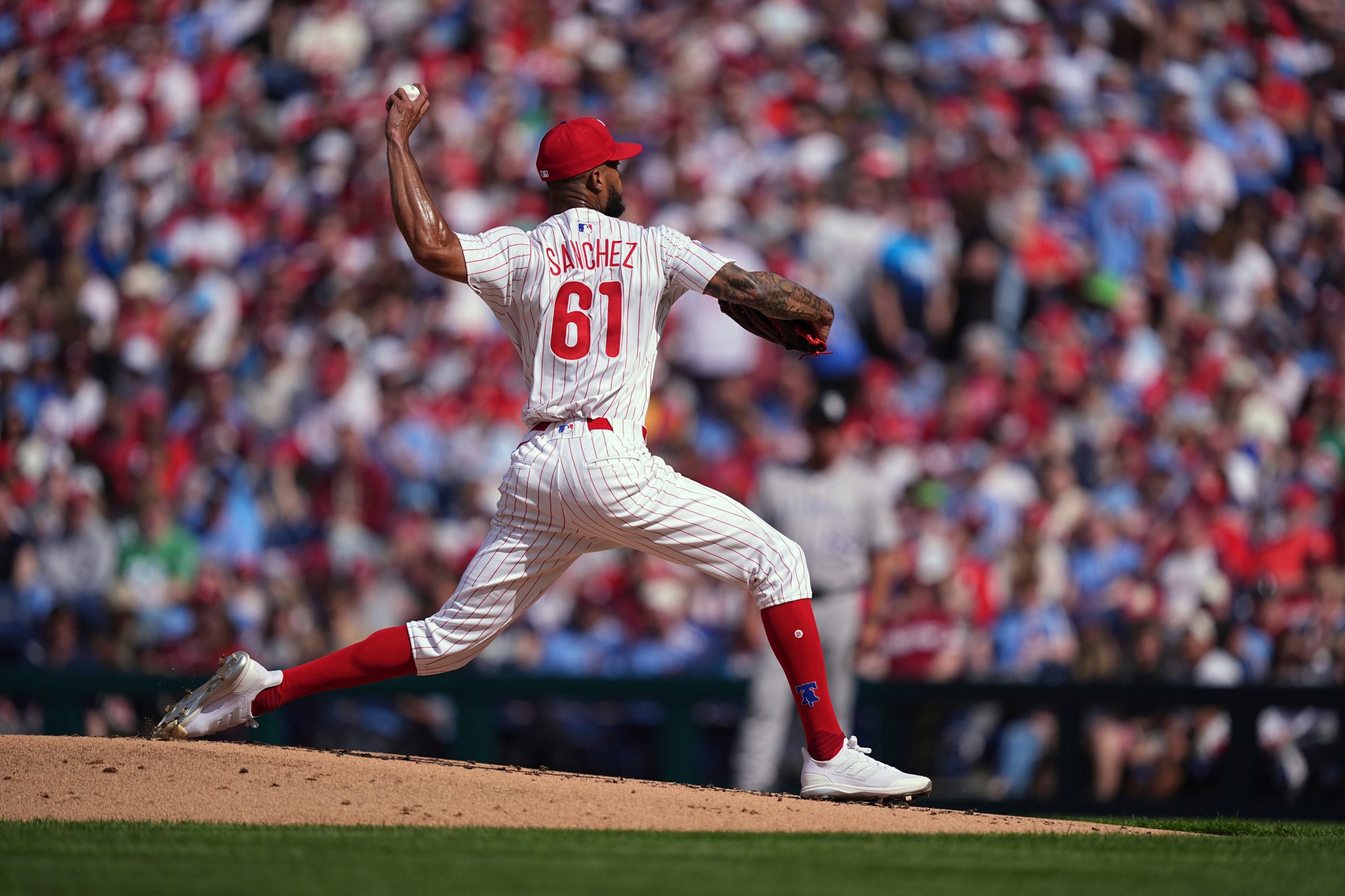 Philadelphia Phillies pitcher Cristopher Sanchez throws during his March 31, 2025 start against the Colorado Rockies at Citizens Bank Park.